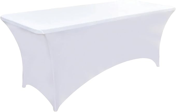 6-Pack 8ft White Spandex Table Covers for Rectangle Folding Tables - Washable Elastic Tablecloth - Ultimate Fitted Table Protector for Birthday Parties, Trade Shows, Banquet