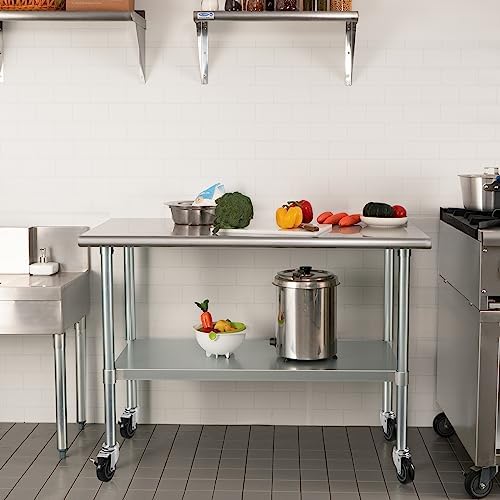HARDURA Stainless Steel Table with Wheels 24 x 48 Inches Casters NSF Heavy Duty Commercial Work & Prep Table with Undershelf and Galvanized Legs for Restaurant Kitchen Bar and Hotel Garage