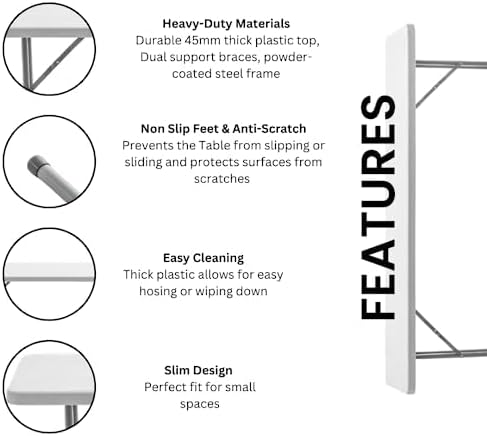 BTEXPERT 6-Foot - 72" Long White Plastic Folding Seminar Training Table Portable 18" Wide Narrow, 29" High, Events Indoor Outdoor Lightweight Set of 10