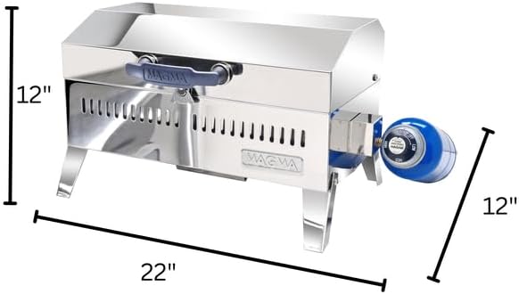 Magma Cabo Grill - Marine-Grade Stainless Steel Barbecue Grill for Boats - Portable Propane Gas with 9”x18” Grilling Surface - Heat-Resistant Handle, Fold-Away Legs - Ideal Boat Accessory