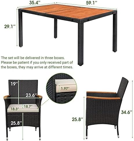 Devoko Dining 7 PCS Furniture, Patio Conversation Set with Acacia Wood Table Top, Outdoor, Beige Cushion and Black Rattan