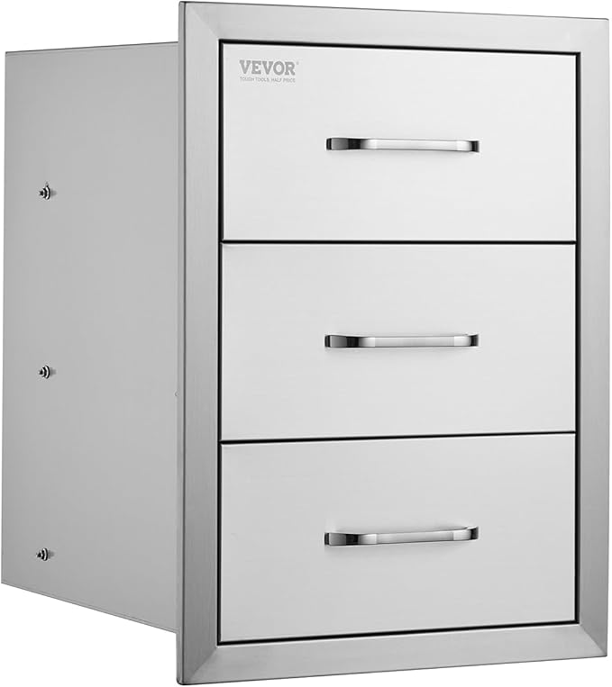 VEVOR Outdoor Kitchen Drawer Cabinets 16" W x 21.5" H x 18" D, BBQ Drawer Stainless Steel, Flush Mount Triple Access, with Handle, BBQ Island, Outdoor Grill Patio Grill Station