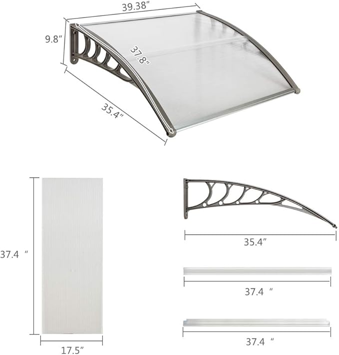 Simply-Me 40" x 40" Door Window Awning Polycarbonate Cover Front Door Outdoor Patio Awning Canopy UV Rain Snow Protection Hollow Sheet (Silver & Gray Bracket)