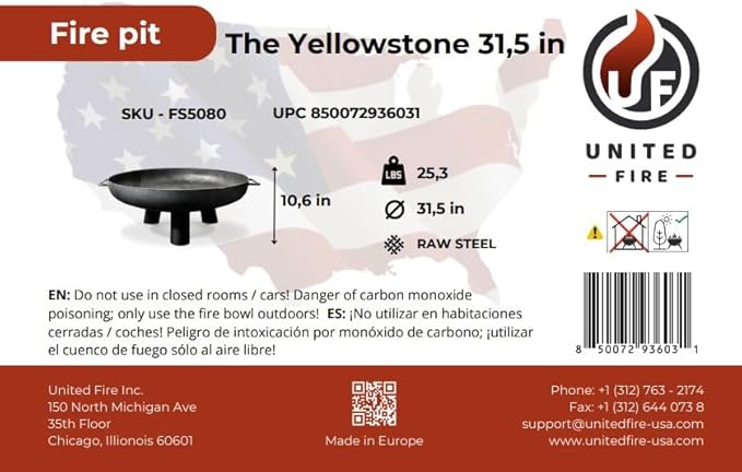 Fire Pit Yellowstone 31.5" Outdoor Fire Bowl, Steel Firepit for Patio, Backyard & Garden (31.5" Yellowstone)