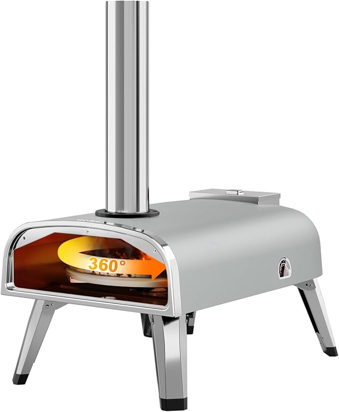 Outdoor Pizza Oven 12" Wood Pellet Pizza ovens With Rotatable Round Pizza Stone Portable Wood Fired with Built-in Thermometer Pizza Stove for Outside Backyard Camping Picnics (Grey-revolving)