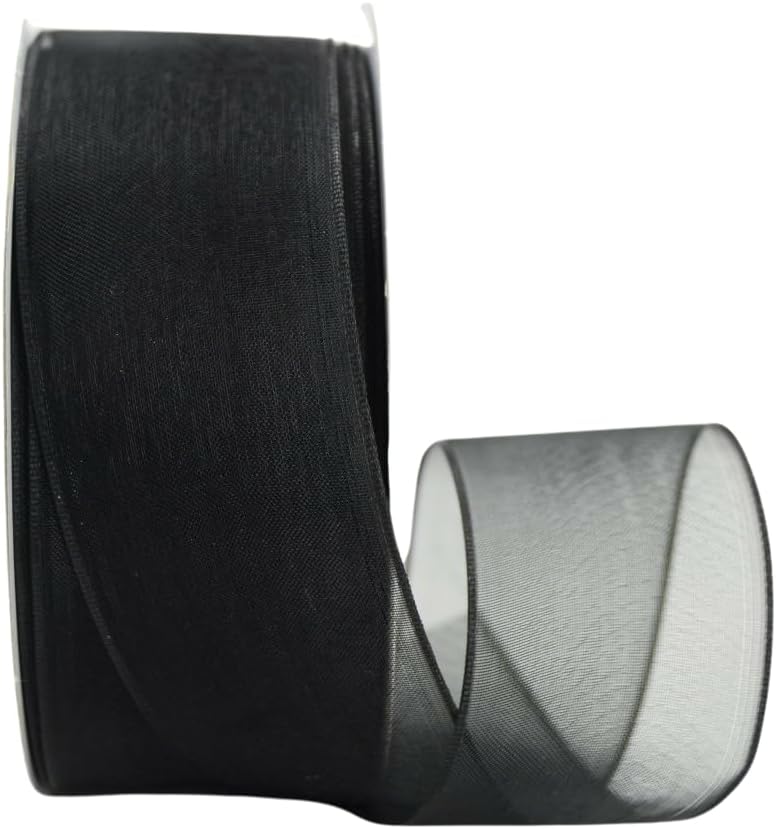 Ribbon Bazaar Sheer Organza Wired Ribbon - 100% Polyester Wire Edged Ribbon for Floral Decor, Table Arrangements, Apparel Embellishment & More - 2-1/2" Black 50yd