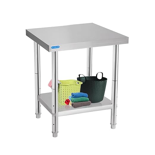 Stainless Steel Table for Prep & Work with Undershelf 24 x 24 Inches NSF Metal Commercial Kitchen Prep Table with Adjustable Under Shelf Worktable for Restaurant Home Outdoor