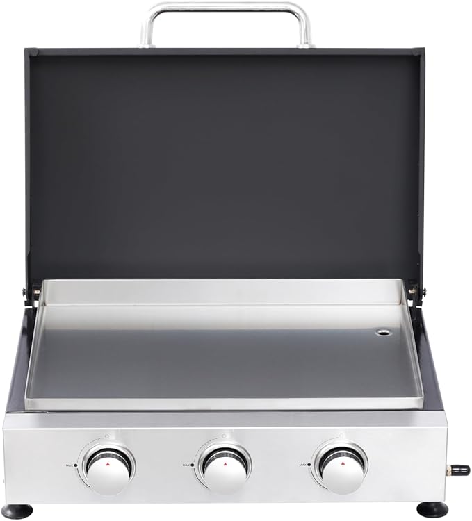 26,550 BTU Propane Gas Grill with Thermometer, 100-800°F Temp Control, Foldable Side Table, 2 Wheels for Mobility, 430 Stainless Steel Fire Box & Warming Rack, Include Hanging Basket & Tool Hooks