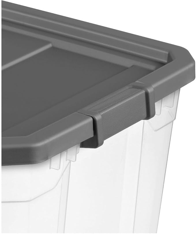 108-Quart Clear Plastic Stackable Storage Tote with Latching Lid, Textured Grip, Flat Grey Lid,Heavy Duty Stackable Storage Bins, – Closet, Bathroom, Office Organizer