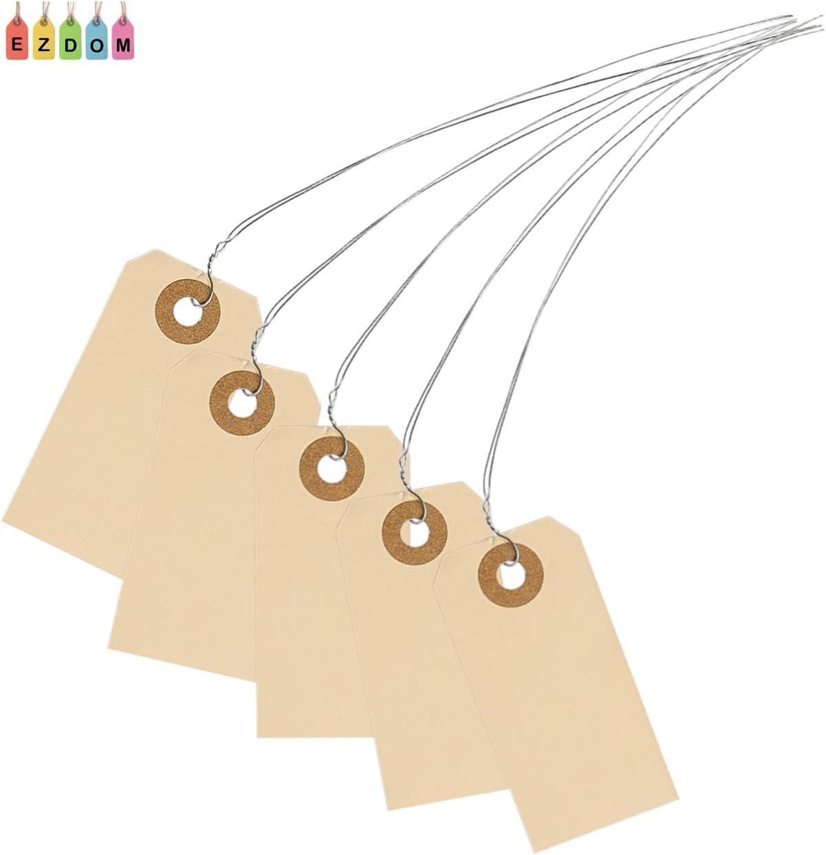 String Tags with Wire Attached- #1, 2 3/4” x 1 3/8”, Box of 500 Blank Shipping Tags with Wire and Reinforced Hole, Wired Labeling Tags