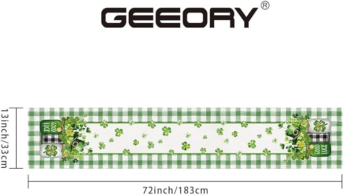GEEORY St. Patrick's Day Table Runner 13 x 72 Inch, Shamrocks Plaid Mason Jar Decorative Holiday Table Decoration for Kitchen Dinning, Indoor Outdoor Dinner Party Décor GT142-72