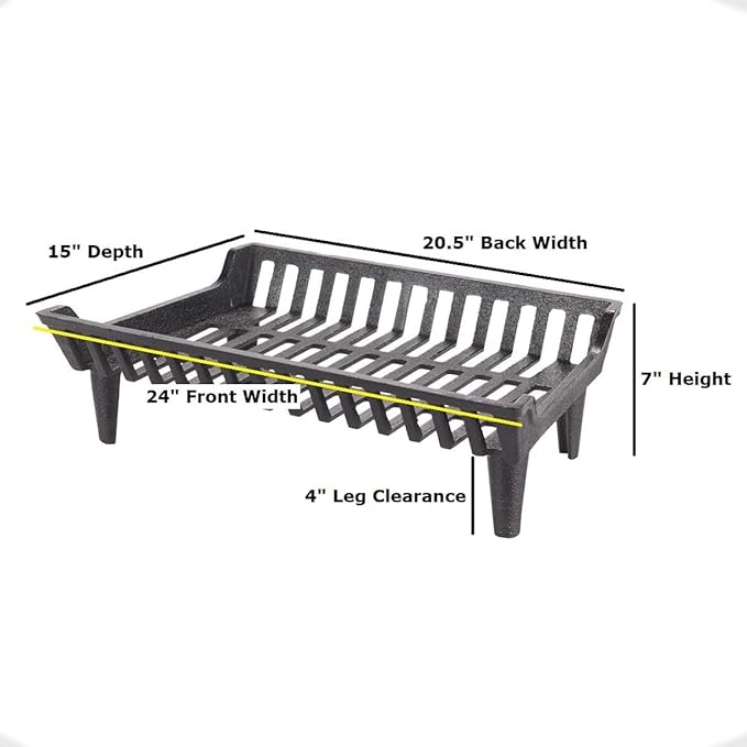 24 inch Fireplace Grate Heavy Duty, Cast Iron Fire Grate - 24" W x 15" D x 7" H