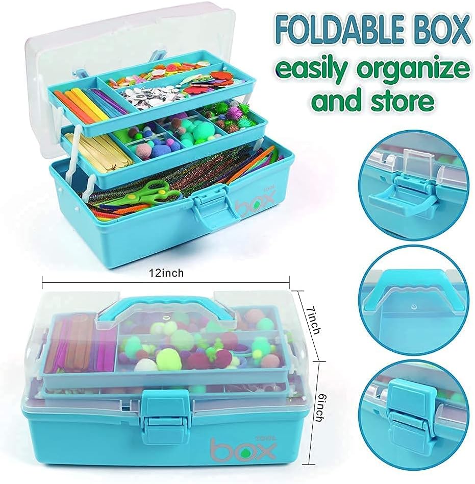 12in Three-Layer Multipurpose Storage Box Organizer Folding Tool Box/Art & Crafts Case/Sewing Supplies Organizer/Medicine Box/Family First Aid Box with 2 Trays (Blue)