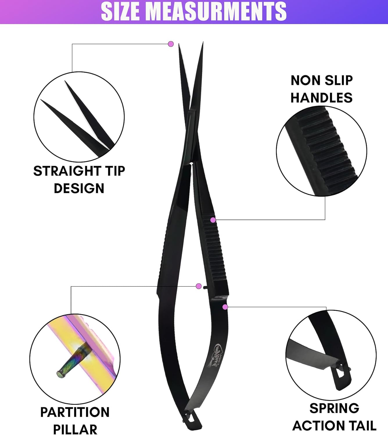 Cross Edge Spring Scissors 5 Inch straight Stainless Steel Precision Eyebrow & Eyelash Shaping & Trimming Scissor, Snips Squeeze, Embroidery, Knitting Micro Tip Craft Scissors (Black)
