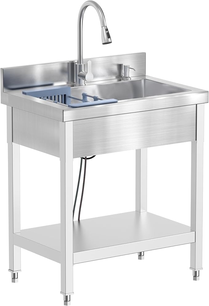 Stainless Steel Utility Sink, 28"Freestanding Sink with Retractable Cold and Hot Water Faucet,Hoses and Drain Kit for Kitchens, Bathrooms, Garage, Laundry Room