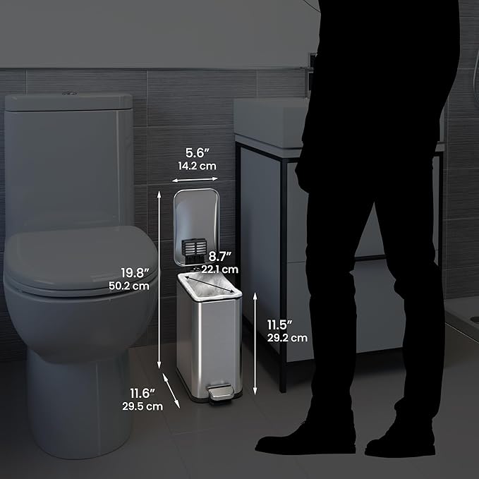 iTouchless 5 Liter / 1.32 Gallon SoftStep Bathroom Trash Can with Lid & AbsorbX Odor Filter – Slim Stainless Steel Wastebasket with Inner Bucket for Small Spaces, Home, Office, Bedroom, Living Room