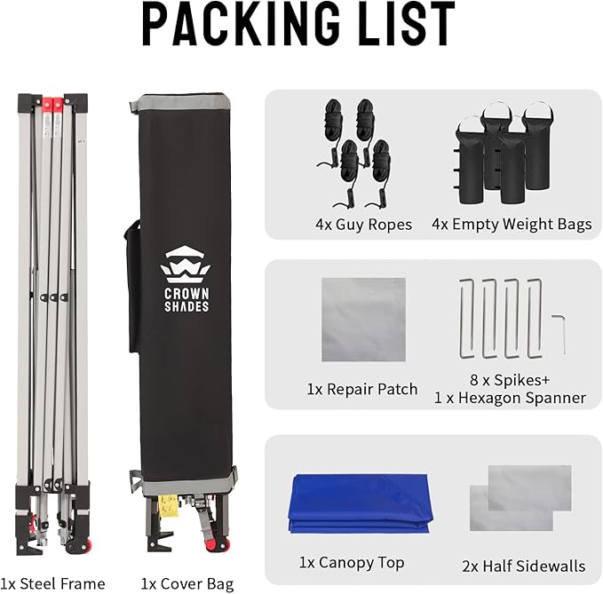 CROWN SHADES 10x10 Pop up Canopy Tent Instant Canopy with 150D Silver Coated Fabric Including 2 Half Sidewalls, 4 Ropes, 8 Stakes, 4 Weight Bags, STO 'N Go Bag, Navy Blue