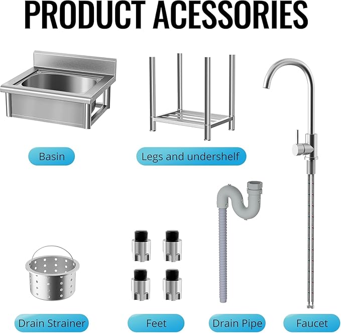 Utility Sink Free Standing Single Bowl Kitchen Sink with Cold and Hot Water Pipe Stainless Steel Sink for Laundry Room Bathroom Farmhouse