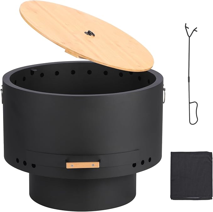 GarveeLife 26 in Smokeless Fire Pit with Removable Ash Pan, Wood Burning Firepit Table with Lid&Fire Poker,Smokeless Outdoor Fireplace with Dust Bag, Outdoor Fire Pits for BBQ, Table, Bonfire, Camping