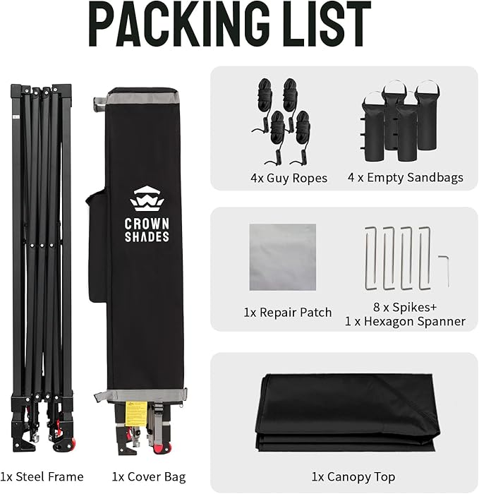 CROWN SHADES 10x10 Pop Up Canopy Tent - Patented Center Lock One Push Instant Outdoor Canopy Beach Tent with STO-N-Go Bag 8 Stakes & 4 Sand Bags,Black