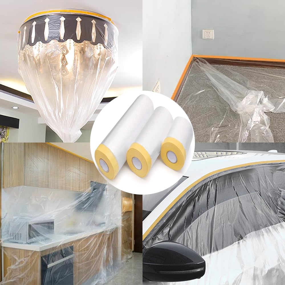 Pre-Taped Masking Film-43inx65ft Tape and Drape Painters Plastic Rolls, Plastic Painting Film for Automotive Painting Covering,Protective Drop Film for Furniture, Car, Floor (2rolls, 43in×65ft)