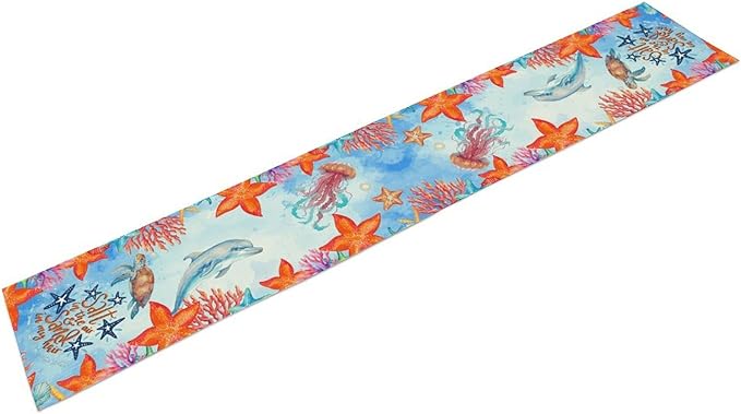 Summer Ocean Table Runner, Blue Sea Coastal Nautical Starfish Turtle Dolphin Seashell Undersea Table Runner Seasonal Holiday Home Kitchen Dining Table for Home Party Decor 13"x36"