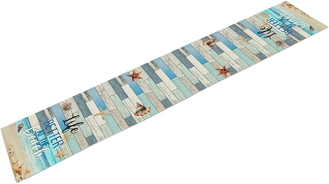 Summer Beach Table Runner, Nautical Starfish Seashell Ocean Retro Wooden Plank Coffee Table Center Decor for Home Kitchen Dining Patio Holiday Party Table Decorations 13"x72"