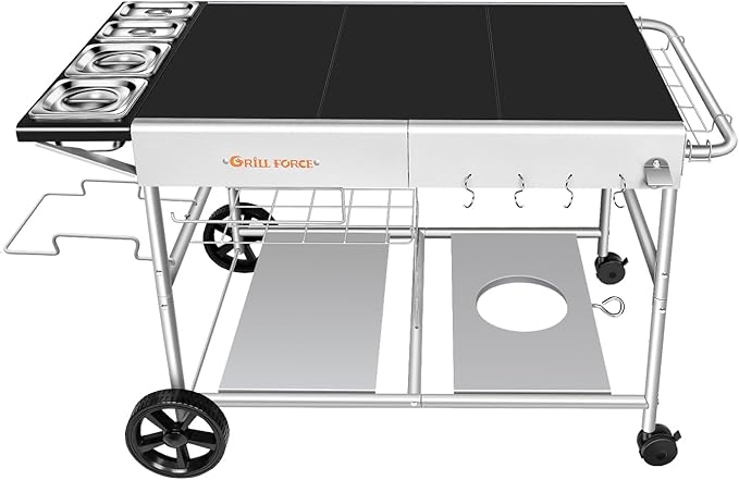 Pizza Oven Table with Topping Station, Outdoor Pizza Oven Cart, Grill Table for Outside, Grill Cart, Food Prep Work cart Fits for Ninja Woodfire Grill, Blackstone Griddle,Tabletop Grill