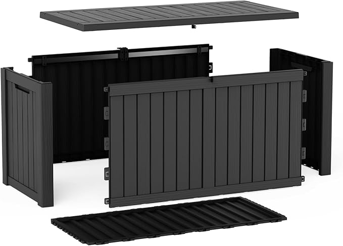 EasyUp 180 Gallon Outdoor Deck Box Waterproof, UV Resistant Resin Outdoor Storage Box with Hydraulic Rod for Delivery, Porch, Patio and Garden, Black