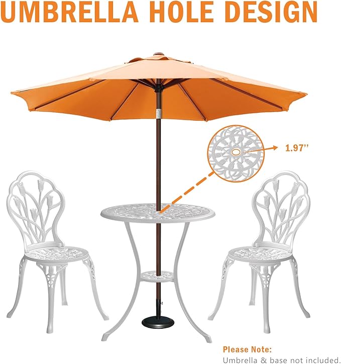 Outdoor Bistro Table and Chairs Set of 2, 3 Piece Patio Bistro Set w/Umbrella Hole, Rust-Resistant Cast Aluminum Bistro Set for Garden/Balcony/Backyard, White