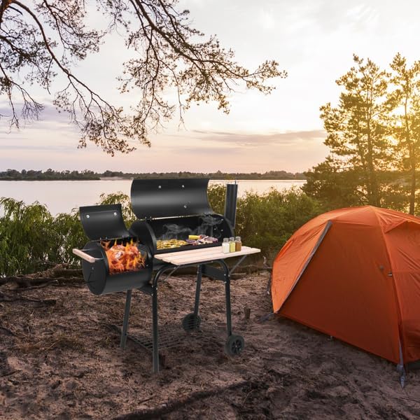 44" Charcoal Grill Offset Smoker, Outdoor BBQ Smoker with Side Fire Box, High-Temp Paint Charcoal Furnace with Thermometer, Wooden Shelf & 2 Wheels for Backyard Cooking, Camping, Picnic, Black
