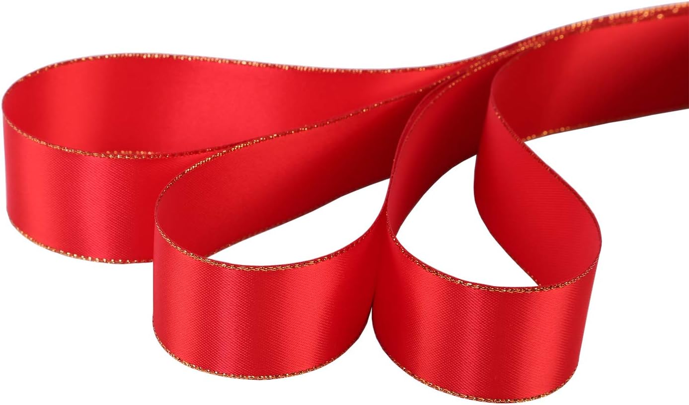 ITIsparkle 1" Inch Double Faced Satin Ribbon 25 Yards with Gold Edges, 1" X 25Yd - Red