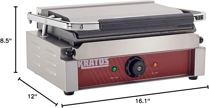 Kratos Commercial Electric Panini Sandwich Grill with Smooth Plates, 14" x 9" Cooking Surface, Commercial Countertop Panini Press, 120V, 1750W (29Y-021)