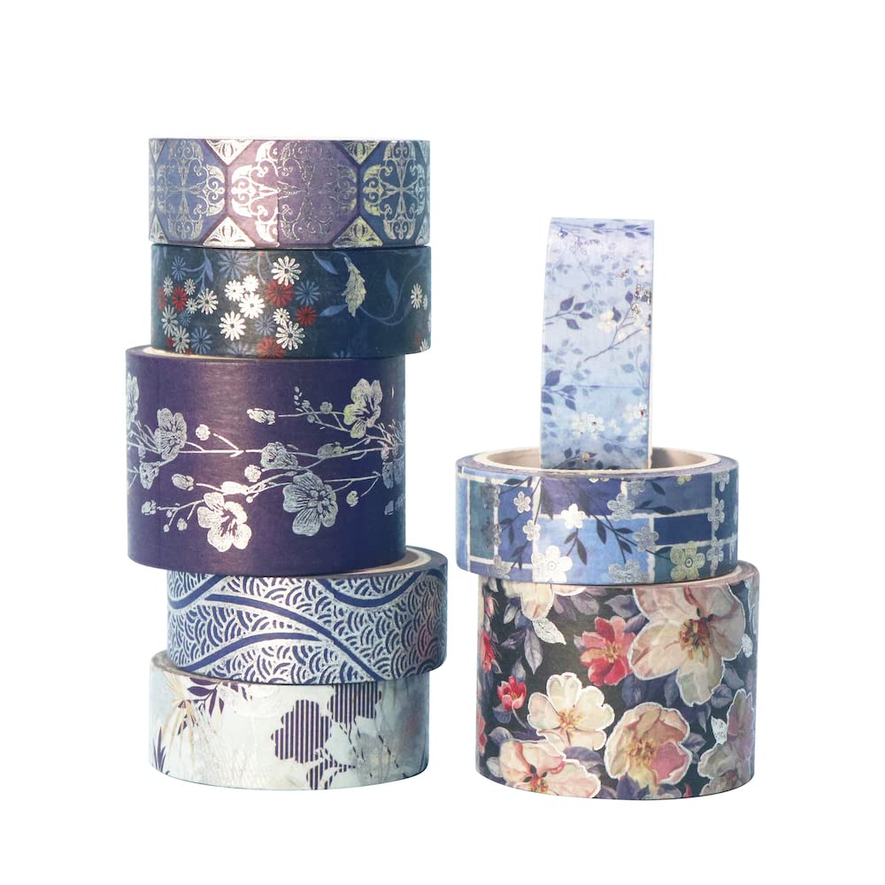 YUBX Elegance Blue Washi Tape Set 8 Rolls Wide Silver Embellishment Decorative Masking Tapes for Arts, DIY Crafts, Journals, Planners, Scrapbook, Wrapping