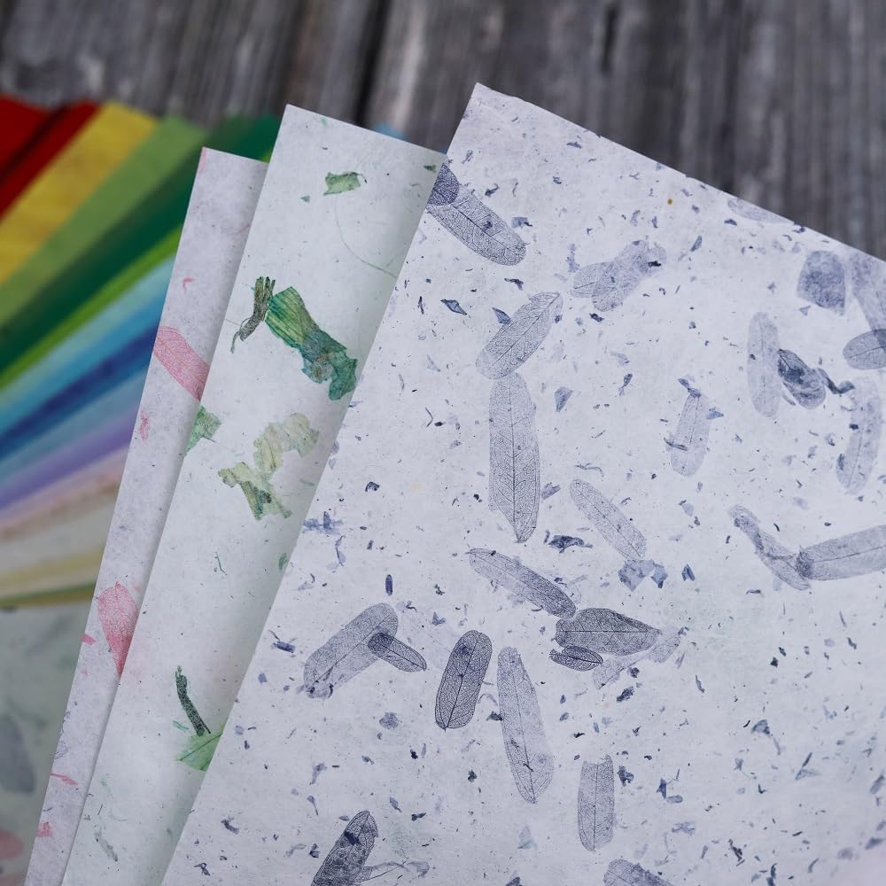 50 Design 50 Sheets A4 Natural Flowers, Leaves, Mulberry Paper Sheets Art Tissue Washi Paper Design Craft Art Origami Suppliers Card Making Writing Printed (Mixed Colors Flowers etc.,)