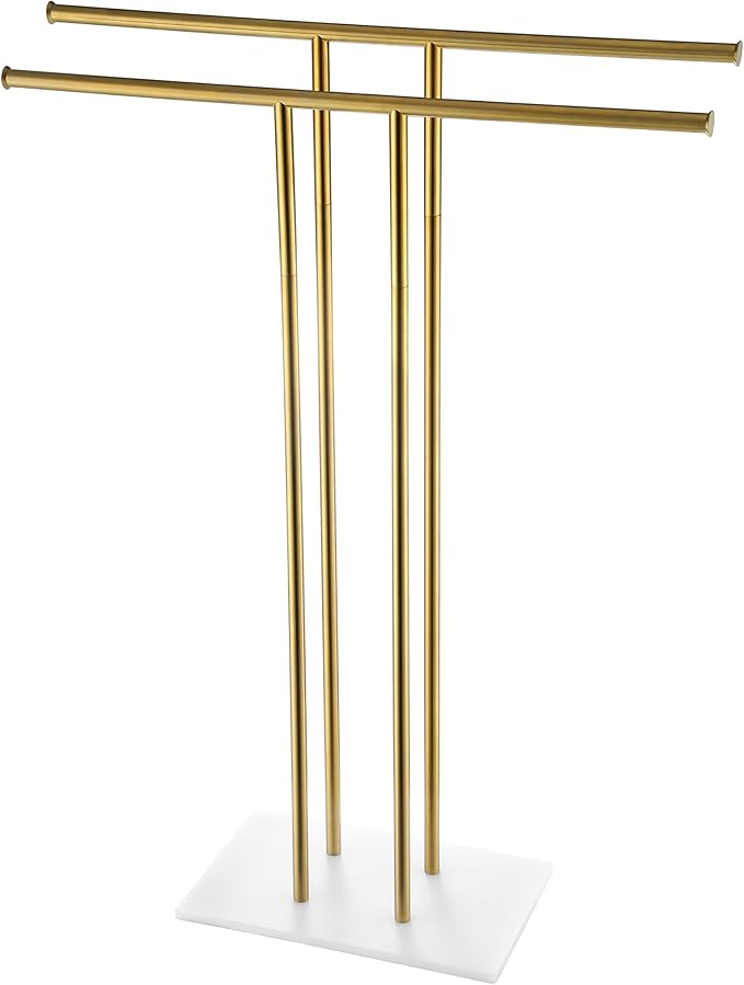 JQK Bath Towel Holder Stand Brushed Gold, 30 Inch Free Standing Double Towel Rack Shelf for Bathroom Floor, Light Gold, BTH100L30-WG