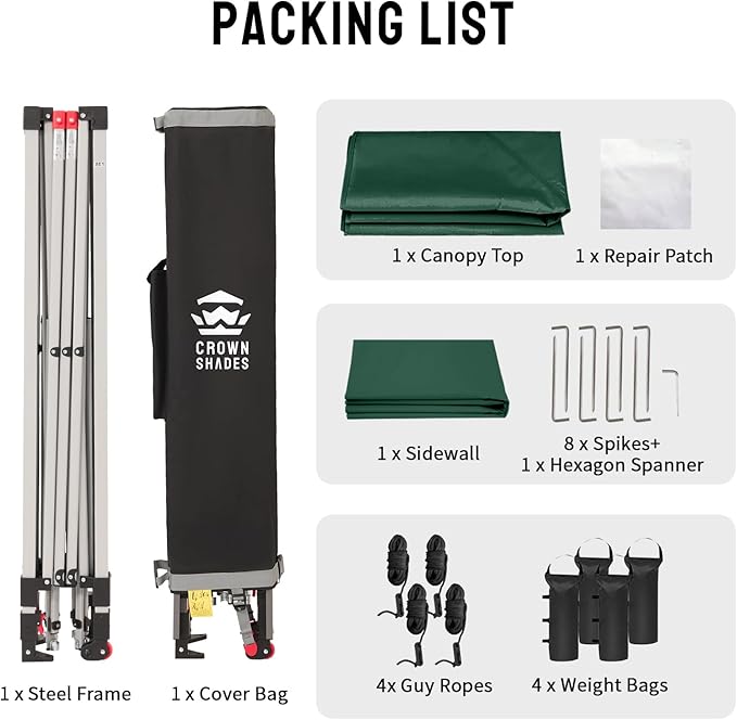 CROWN SHADES 8x8 Pop up Canopy Instant Canopy with 1 Removable Sidewall,4 Ropes & 8 Stakes, STO'N and Go Bag, Forest Green