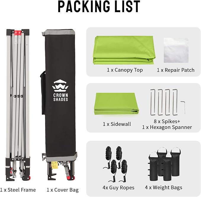 CROWN SHADES 10x10 Pop Up Canopy with 1 Side Wall - Beach Tent with One Push Setup - Outdoor Sun Shade for Events, Parties, Camping - Gazebo with STO-N-Go Cover Bag (Green)