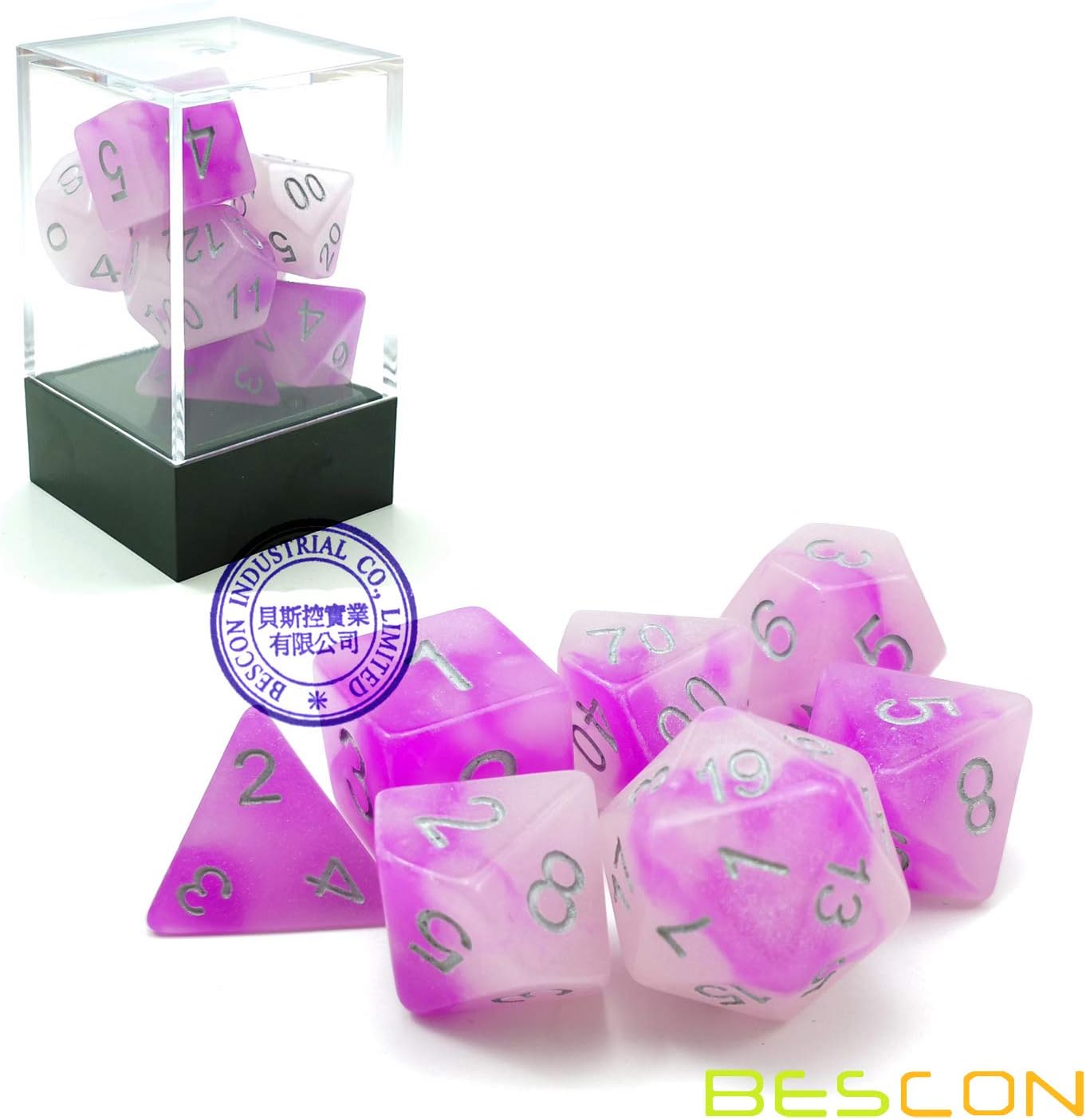 Bescon Two Tone Glowing Polyhedral Dice 7pcs Set Frosty Amethyst, Luminous RPG Dice Glow in Dark, DND Role Playing Game Dice