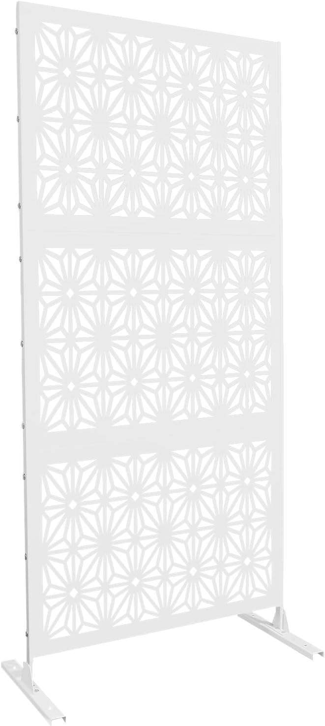 75" H×35" W Decorative Outdoor Privacy Screen with Stand, Outdoor Decor Privacy Fence Screen Metal Fence Panels, Free Standing Metal Divider for Patio Lawn Deck (White-Snowflake)