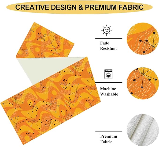 70s Table Runner, Retro Orange Wave Mid Century Atomic Print Abstract Hippie Coffee Table Center Decor for Home Kitchen Dining Patio Holiday Party Indoor Outdoor Table Decorations, 13"x108" Inch