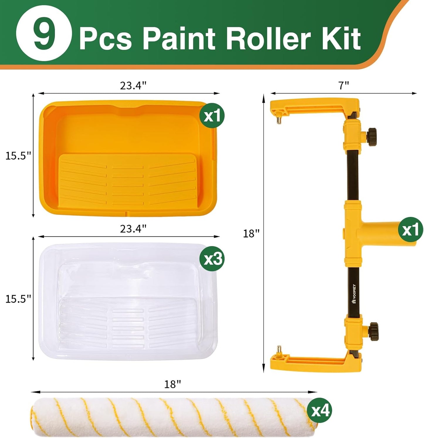Voomey 18" Paint Roller kit,9 Piece 18 inch Paint Roller,18 Paint Roller Tray with Liner,Microfiber Paint Roller,Paint kit for House Painting