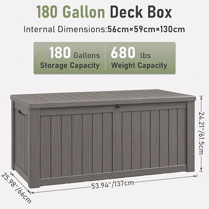NUNU LAB 180 Gallon Outdoor Storage Box,Resin Large Sturdy Deck Box, Backyard Outside Storage Box Waterproof with Double Wall Panels,Package Delivery Garden Outdoor Hose