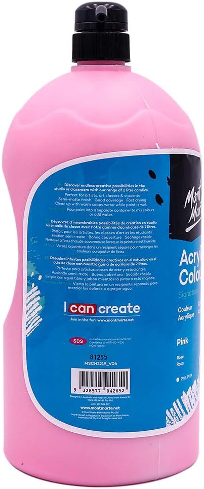 Mont Marte Discovery School Acrylic, Pink, 1/2 Gallon (2 Liter). Ideal for Students and Artists. Excellent Coverage and Fast Drying. Pump Lid Included.
