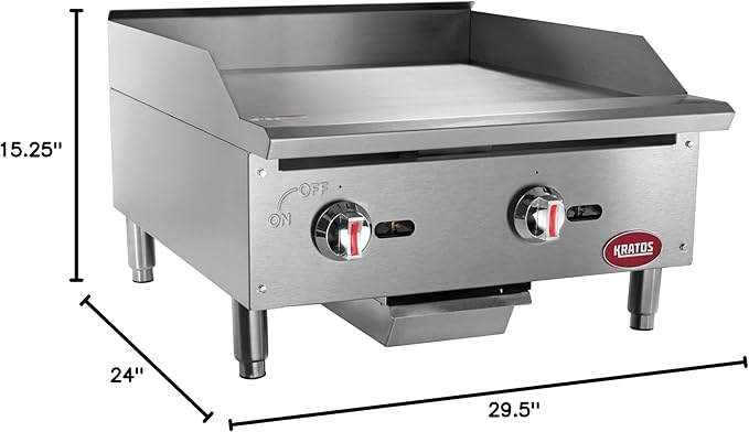Kratos 24" Wide Commercial Countertop Griddle, Gas Hot Plate for Restaurants, Manual Controls, 2 Independent Burners, Powerful 60,000 BTU Output (29Y-004)