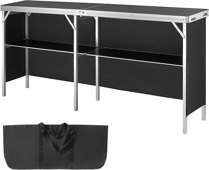 VEVOR Extra Long Folding Portable Bar Tradeshow Podium Table for Indoor, Outdoor, Party, Picnic, Exhibition, Includes Carrying Case, Storage Shelf and Black Skirt, 77.95" x 15.16" x 34.65"