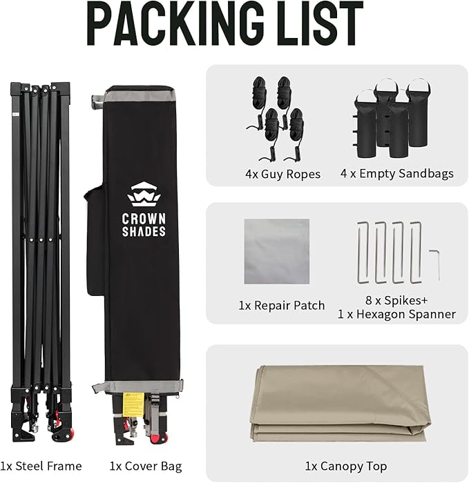 CROWN SHADES 10x10 Pop Up Canopy Tent - Patented Center Lock One Push Instant Outdoor Canopy Beach Tent with STO-N-Go Bag 8 Stakes & 4 Sand Bags,Khaki