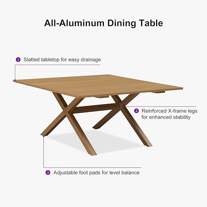 PURPLE LEAF 9 Pieces Outdoor Dining Set All Weather Wicker Patio Dining Set with Square Aluminum Table and Modern Armrest Dining Chairs for Garden Deck Backyard Kitchen, Teak