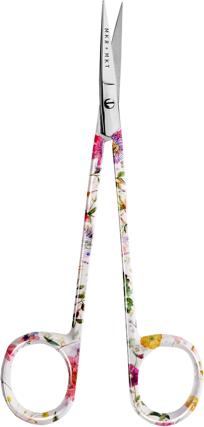 Applique Long Thin Needlepoint Blade 6.1 Inch - Double Bent Curved Offset Handle Scissors with Pouch Sleeve for Embroidery, Fabric, Thread, Knitting, Sewing, Arts & Craft (Floral)