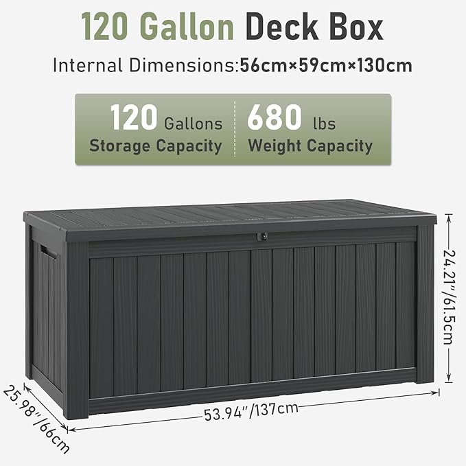 NUNU LAB 120 Gallon Outdoor Storage Box,Resin Large Sturdy Deck Box, Backyard Outside Storage Box Waterproof with Double Wall Panels,Package Delivery Box,Garden Box,Tool Box,Outdoor Hose Storage Bin